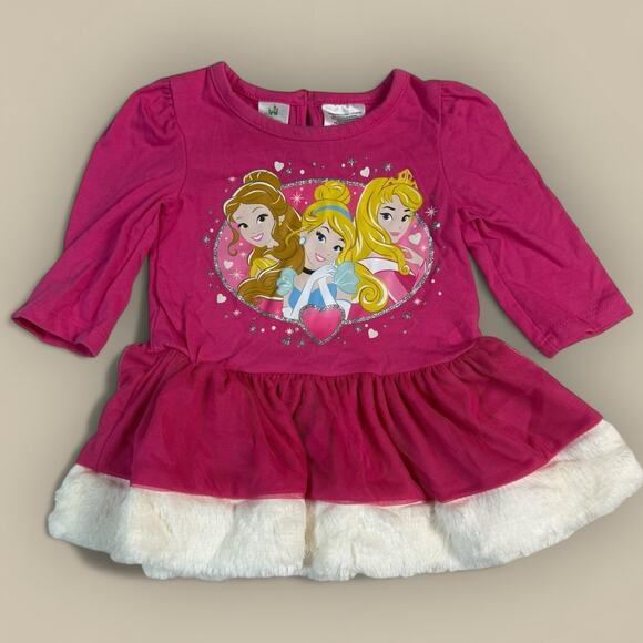 Y2K Disney Princess Fur Trim Winter Dress Pink Belle Cinderella Aurora 6-9 Month - Picture 1 of 4